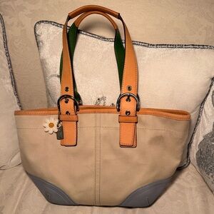 Coach Tan and Gray Tote with Floral Charm